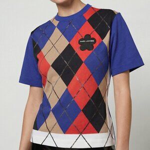 NEW! $235 MARC JACOBS sequin trimmed harlequin t-shirt M blue black red white